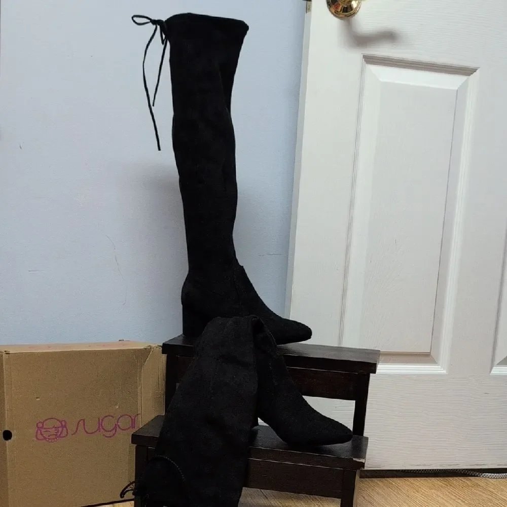 Sugar Ollie Black Over-the-Knee FabricSuede Pull Tie Top Lower Zipper Boots Sz8M